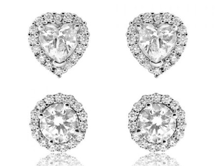 Sterling Silver 2 Set Round and Heart Zirconia Set Stud Earrings 7.5mm, 8.5x7.9mm Discount