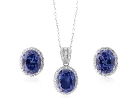 Sterling Silver Cobalt and White Zirconia Pendant and Stud Earring Set with Chain Online