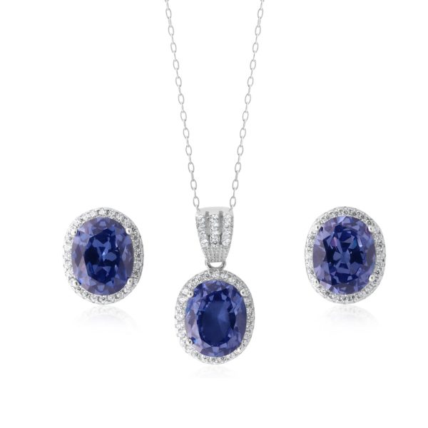 Sterling Silver Cobalt and White Zirconia Pendant and Stud Earring Set with Chain Online