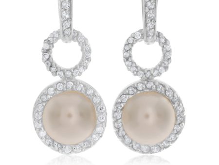 Sterling Silver Simulated Pearl and Zirconia Fancy Drop Earrings Supply