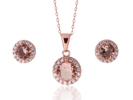 Sterling Silver Rose Plated Crystal and Zirconia Halo Stud and Pendant Set on Chain Online Hot Sale