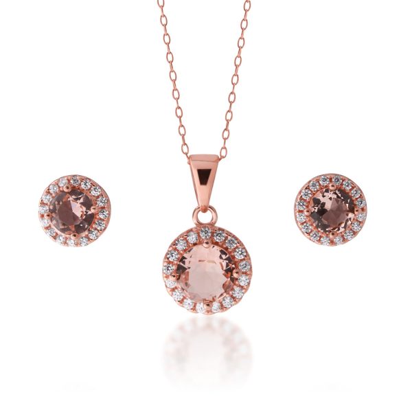 Sterling Silver Rose Plated Crystal and Zirconia Halo Stud and Pendant Set on Chain Online Hot Sale