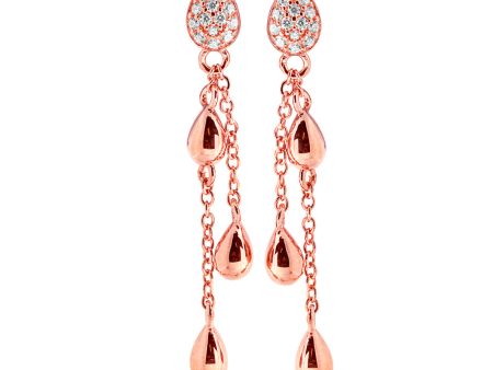 Sterling Silver Rose Plated Zirconia Double Chain Drop Earrings Online Hot Sale