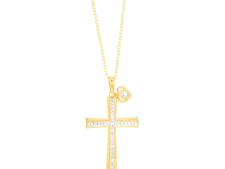 Gold Plated Sterling Silver Religious Cross and Heart Pendant on 46cm Chain on Sale