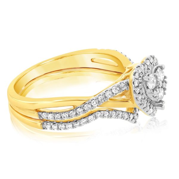 9ct Yellow Gold 1 2 Carat Diamond Bridal 2-Ring Set with Heart Shape Cluster Online Sale