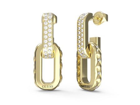 Guess Gold Plated Stainless Steel 30mm Matelasse Pave Double Link Drop Earrings Discount