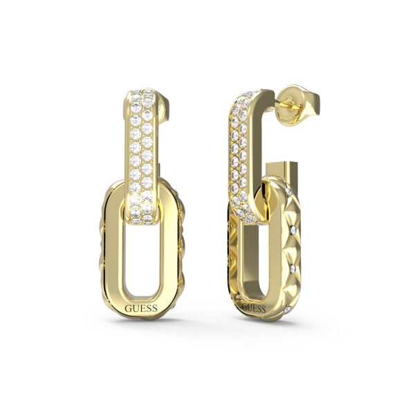 Guess Gold Plated Stainless Steel 30mm Matelasse Pave Double Link Drop Earrings Discount