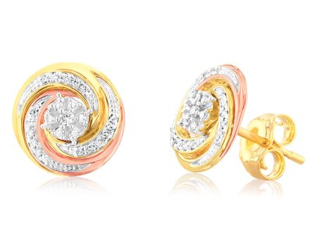 9ct 3-Tone 1 10 Carat Diamond Swirl Stud Earrings with 50 Round Brilliant Diamonds Fashion