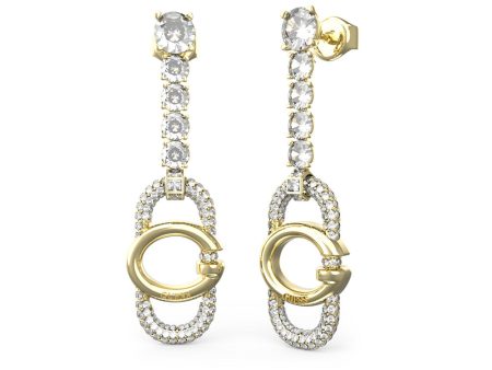 Guess Gold Plated Stainless Steel 41mm G Logo and Crystal Tennis Drop Earrings Fashion