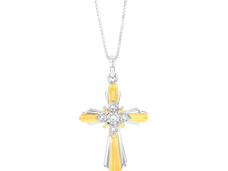 Gold Plated Sterling Silver Cross Diamond Pendant with 5 Round Diamonds on 46cm Chain Discount