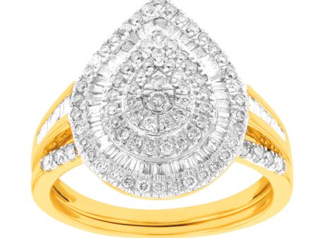 9ct Yellow Gold 1 Carat  Diamond Pear Shape Cluster Bridal 2-Ring Set For Cheap