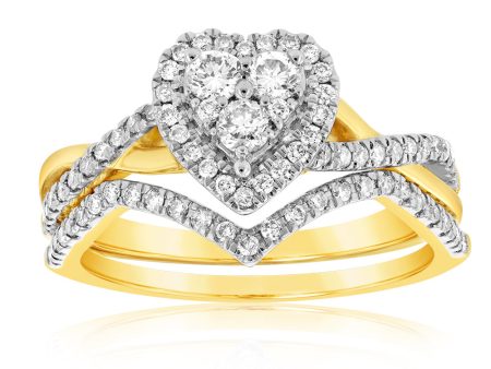 9ct Yellow Gold 1 2 Carat Diamond Bridal 2-Ring Set with Heart Shape Cluster Online Sale