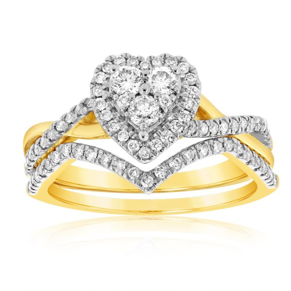 9ct Yellow Gold 1 2 Carat Diamond Bridal 2-Ring Set with Heart Shape Cluster Online Sale